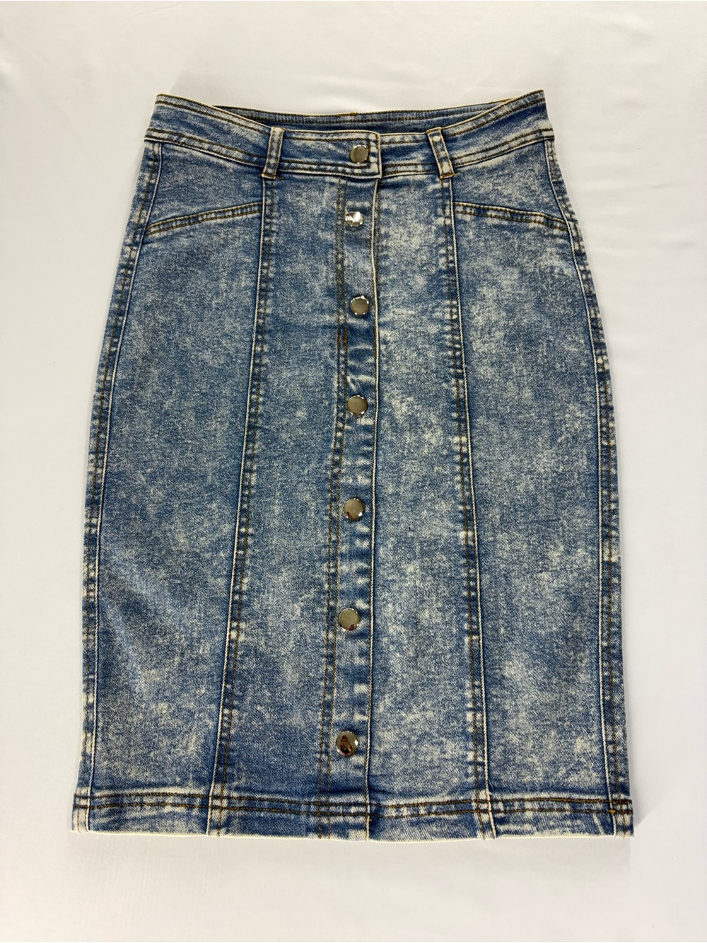 Marilyn Monroe Button Front Denim Pencil Skirt XS Acid Wash Stretch - Picture 2 of 9